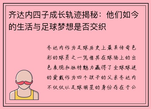 齐达内四子成长轨迹揭秘：他们如今的生活与足球梦想是否交织