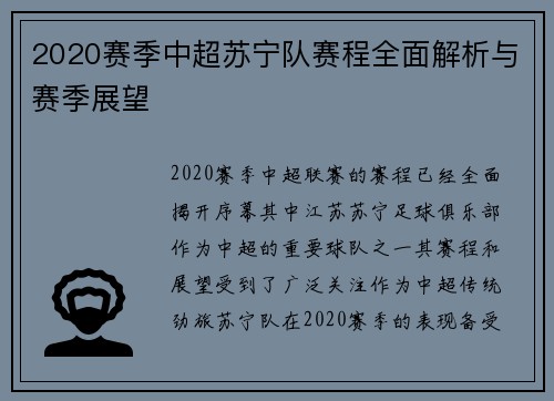 2020赛季中超苏宁队赛程全面解析与赛季展望