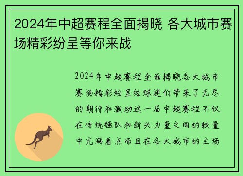 2024年中超赛程全面揭晓 各大城市赛场精彩纷呈等你来战