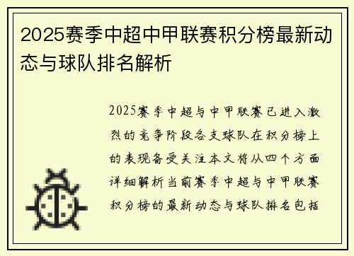 2025赛季中超中甲联赛积分榜最新动态与球队排名解析