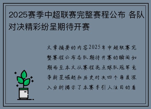 2025赛季中超联赛完整赛程公布 各队对决精彩纷呈期待开赛