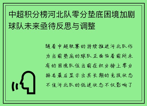 中超积分榜河北队零分垫底困境加剧球队未来亟待反思与调整